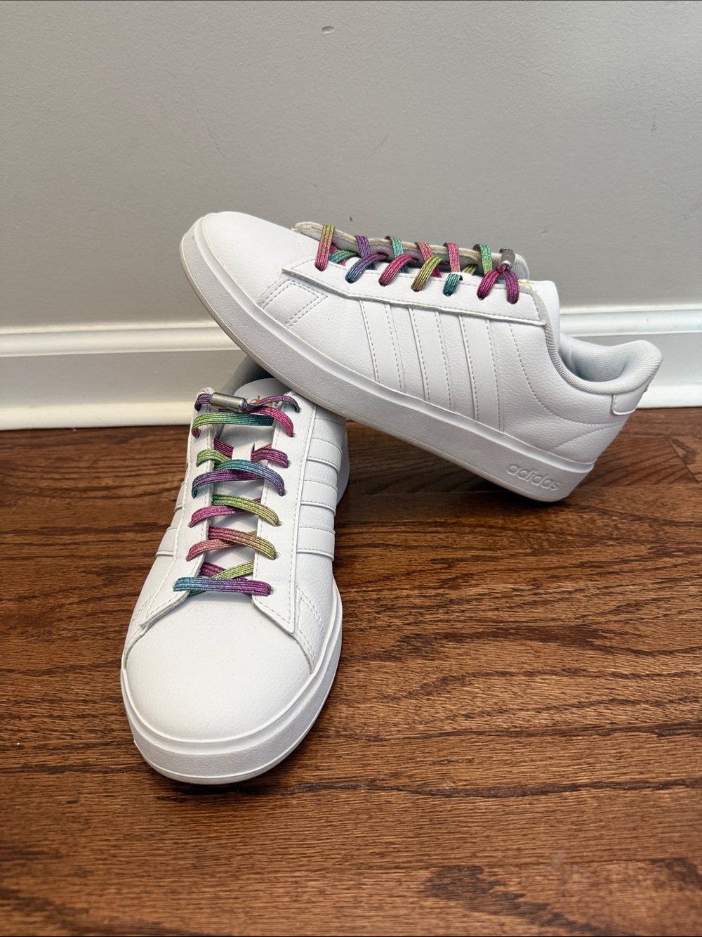 adidas White Low-Top Sneakers with Rainbow Laces